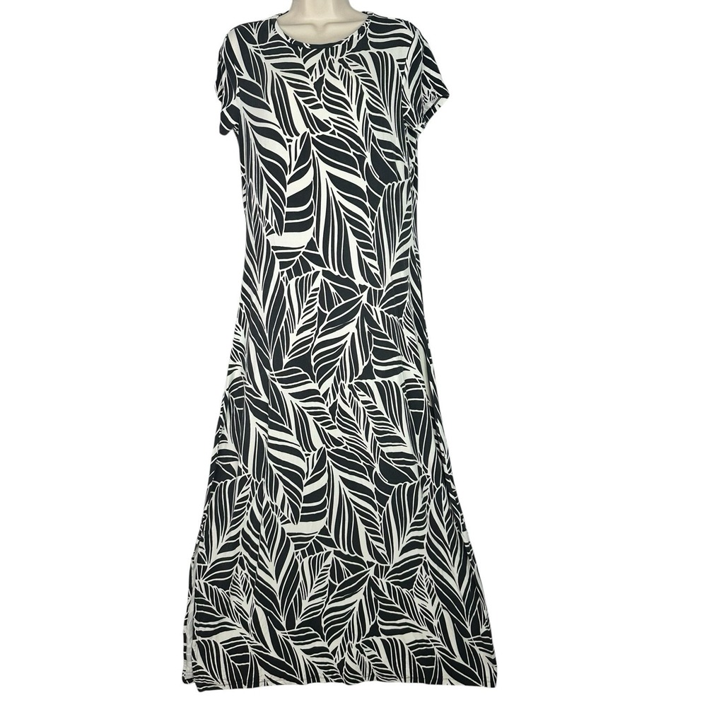 Coolibar UPF 50+ Maxi Dress Women Medium Black White Tropical Leaf Print Stretch